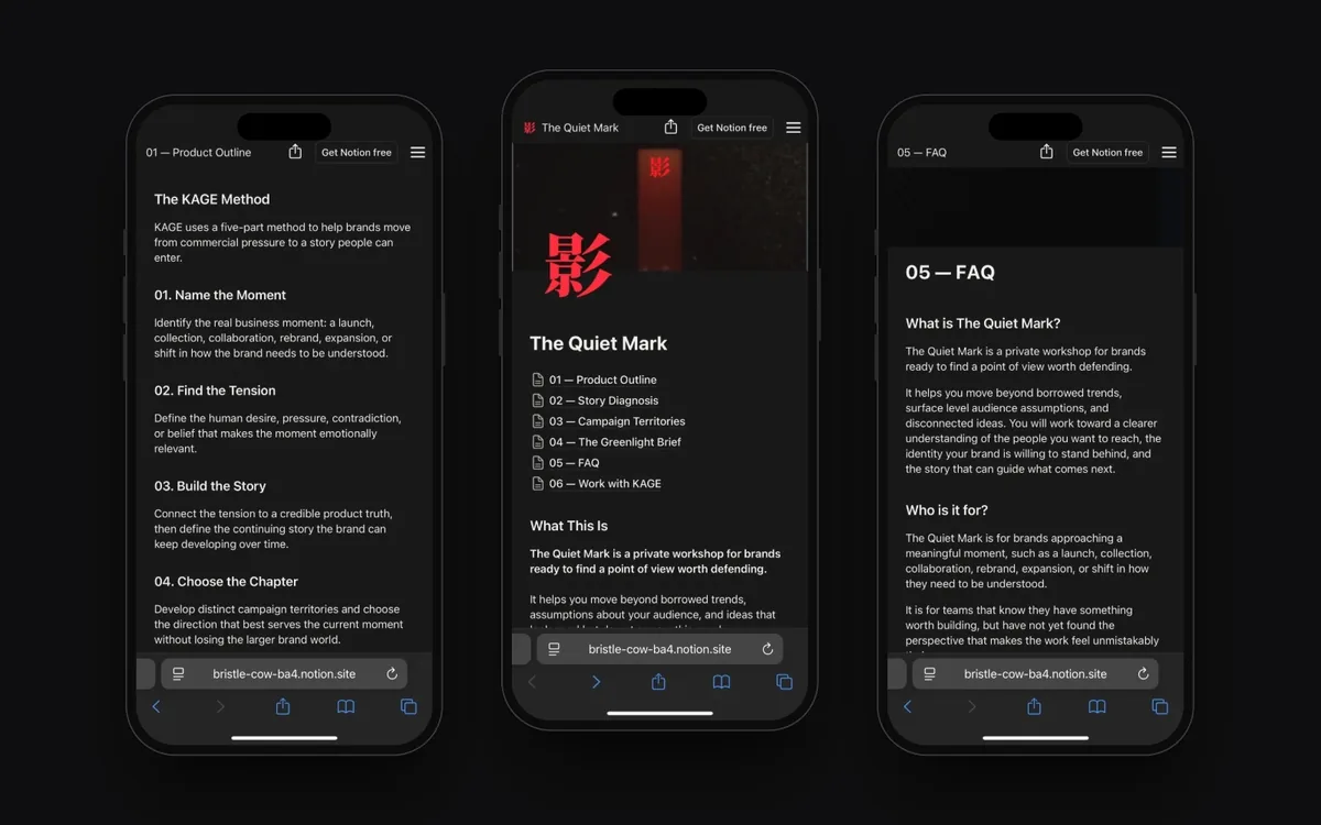 Three phones showing the Product Outline, home and FAQ pages